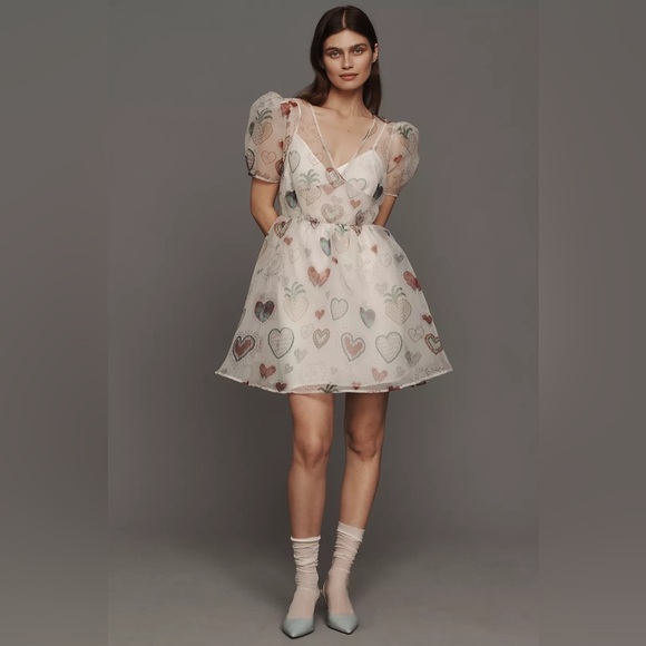 Farm Rio x Anthropologie Dress Semi Sheer Puff Sleeve Heart Print Babydoll XS